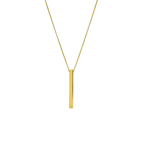 A long gold petangular pendant with inscription on gold chain