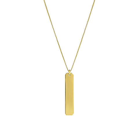 A short vertical gold pendant with inscription on a gold chain