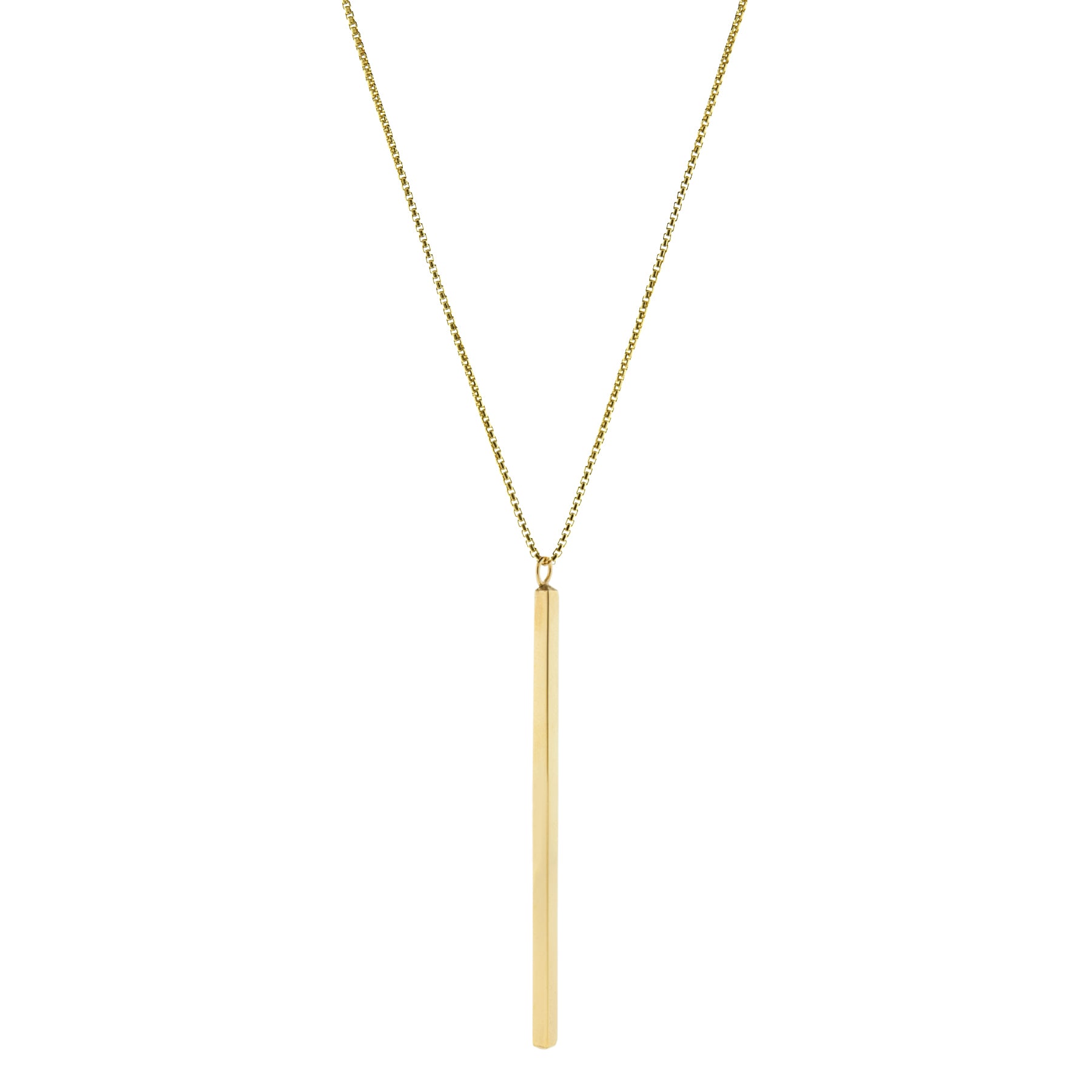 A long slender vertical gold pendant with inscription on a gold chain
