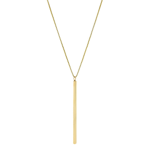 A long slender vertical gold pendant with inscription on a gold chain