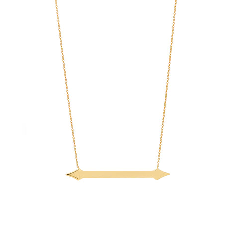 A horizonal gold pendant with arrow ends on gold chain and inscription