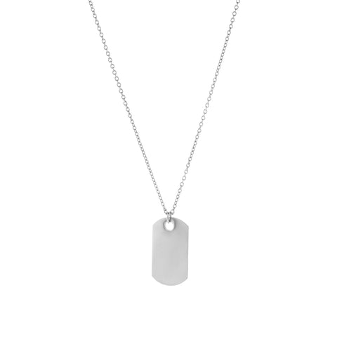 A flat dog tag with inscription on a chain
